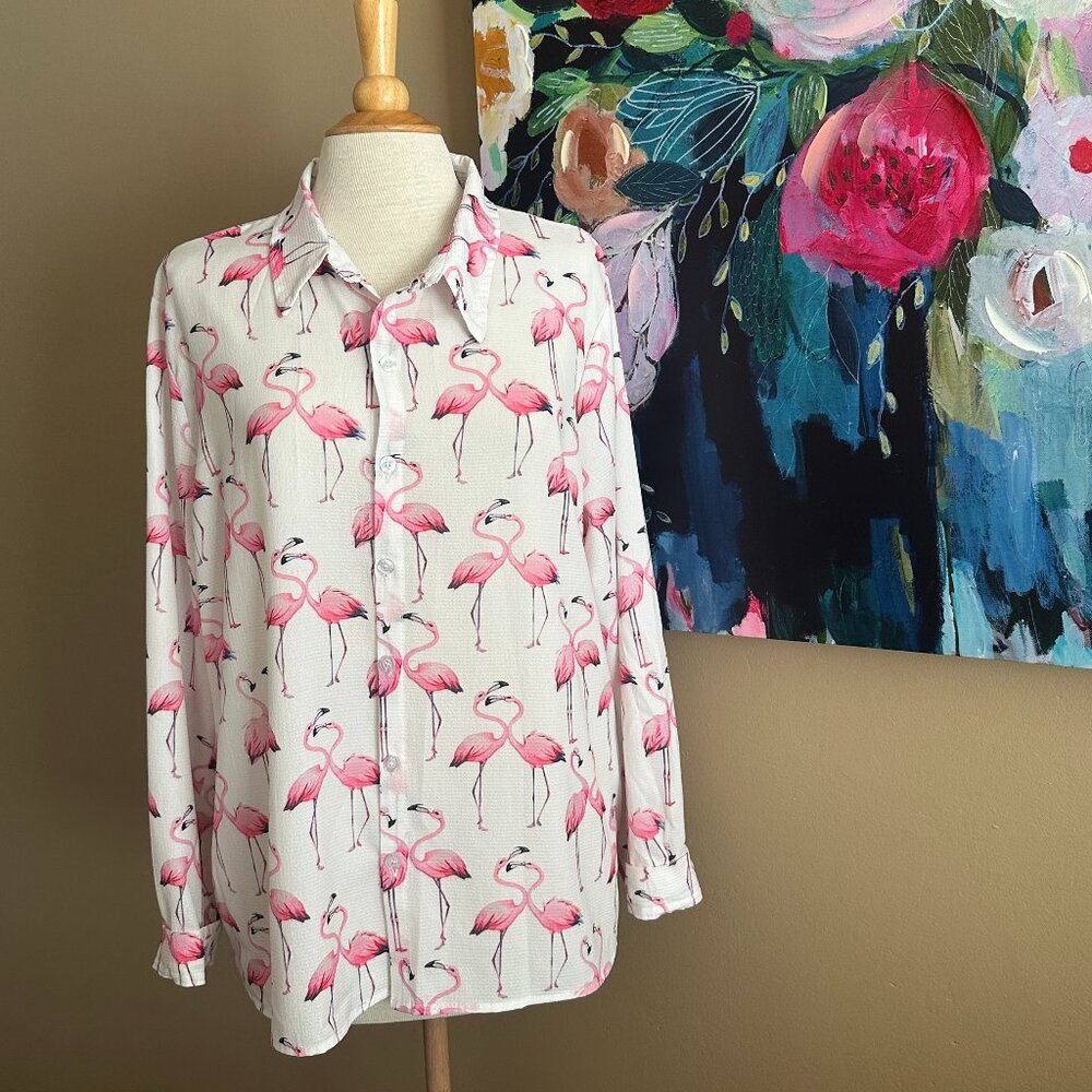 Pink Flamingo Shirt XL Vacation Cruise Top Tropical Button Down Blouse